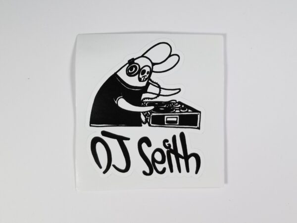 Sticker of Skullbunny on Turntables with caption "DJ Seith" underneath, Black on White