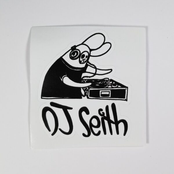 Sticker of Skullbunny on Turntables with caption "DJ Seith" underneath, Black on White
