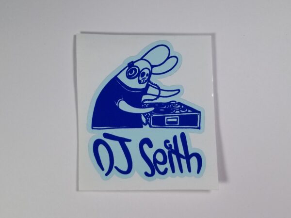 Sticker of Skullbunny on Turntables with caption "DJ Seith" underneath, Blue on Light Blue