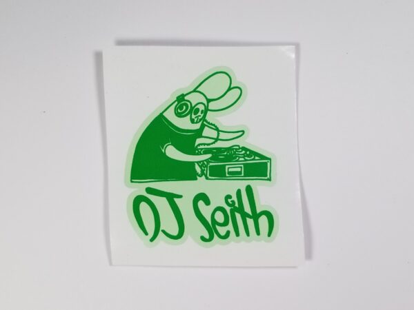 Sticker of Skullbunny on Turntables with caption "DJ Seith" underneath, Green on Light Green