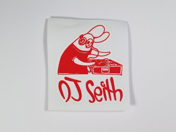 Sticker of Skullbunny on Turntables with caption "DJ Seith" underneath, Red on White