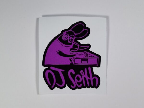 Sticker of Skullbunny on Turntables with caption "DJ Seith" underneath, Violet on Black